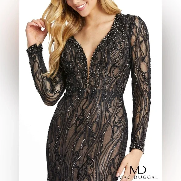Long sleeve beaded plunge neck lace gown - Picture 3 of 3
